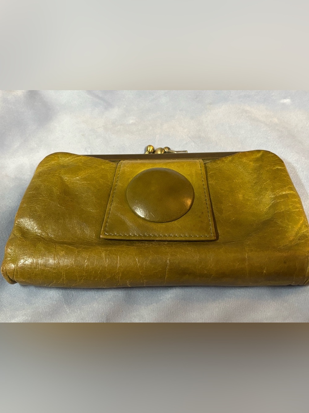 Hobo International Yellow Gold Glazed Leather Lauren Clutch Kiss Lock Wallet